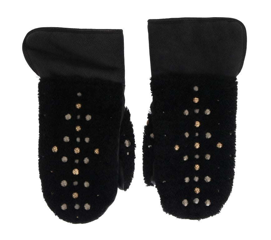 Schwarze Lammfell-Lederhandschuhe mit Nieten