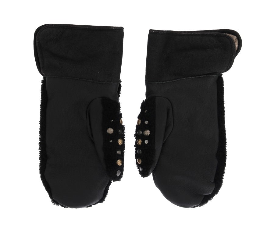 Schwarze Lammfell-Lederhandschuhe mit Nieten