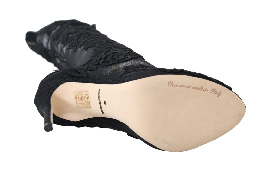 Dolce & Gabbana Black Floral Embroidered Socks Boots