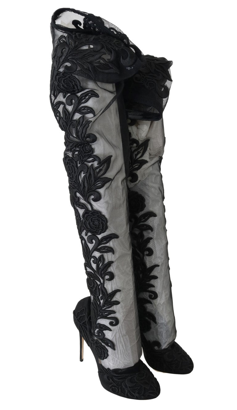 Dolce & Gabbana Black Floral Embroidered Socks Boots