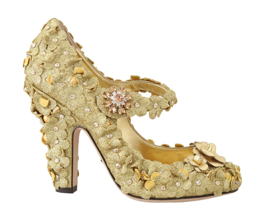 Goldfarbene Mary Janes-Pumps mit Blumenmuster und Kristallen