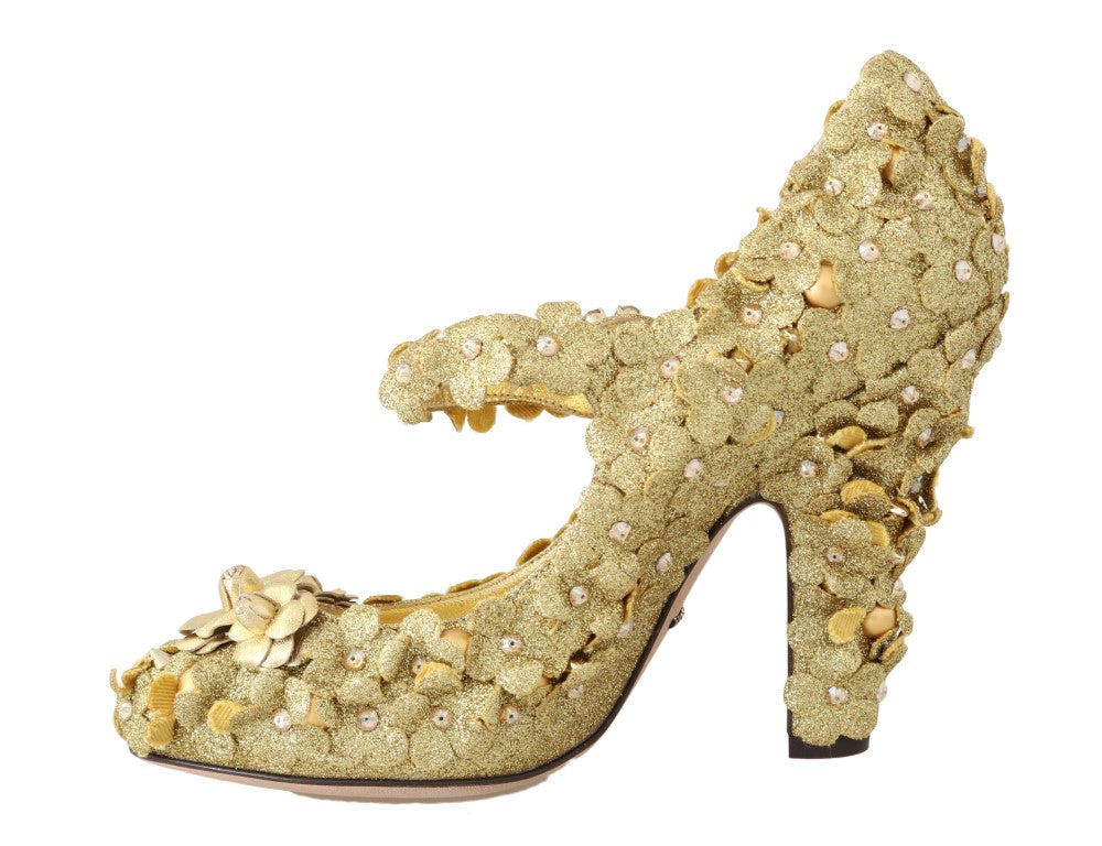 Goldfarbene Mary Janes-Pumps mit Blumenmuster und Kristallen