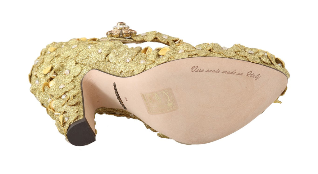 Goldfarbene Mary Janes-Pumps mit Blumenmuster und Kristallen