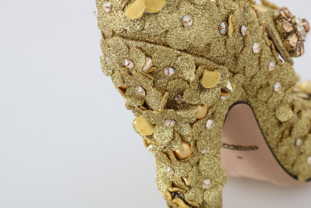 Goldfarbene Mary Janes-Pumps mit Blumenmuster und Kristallen