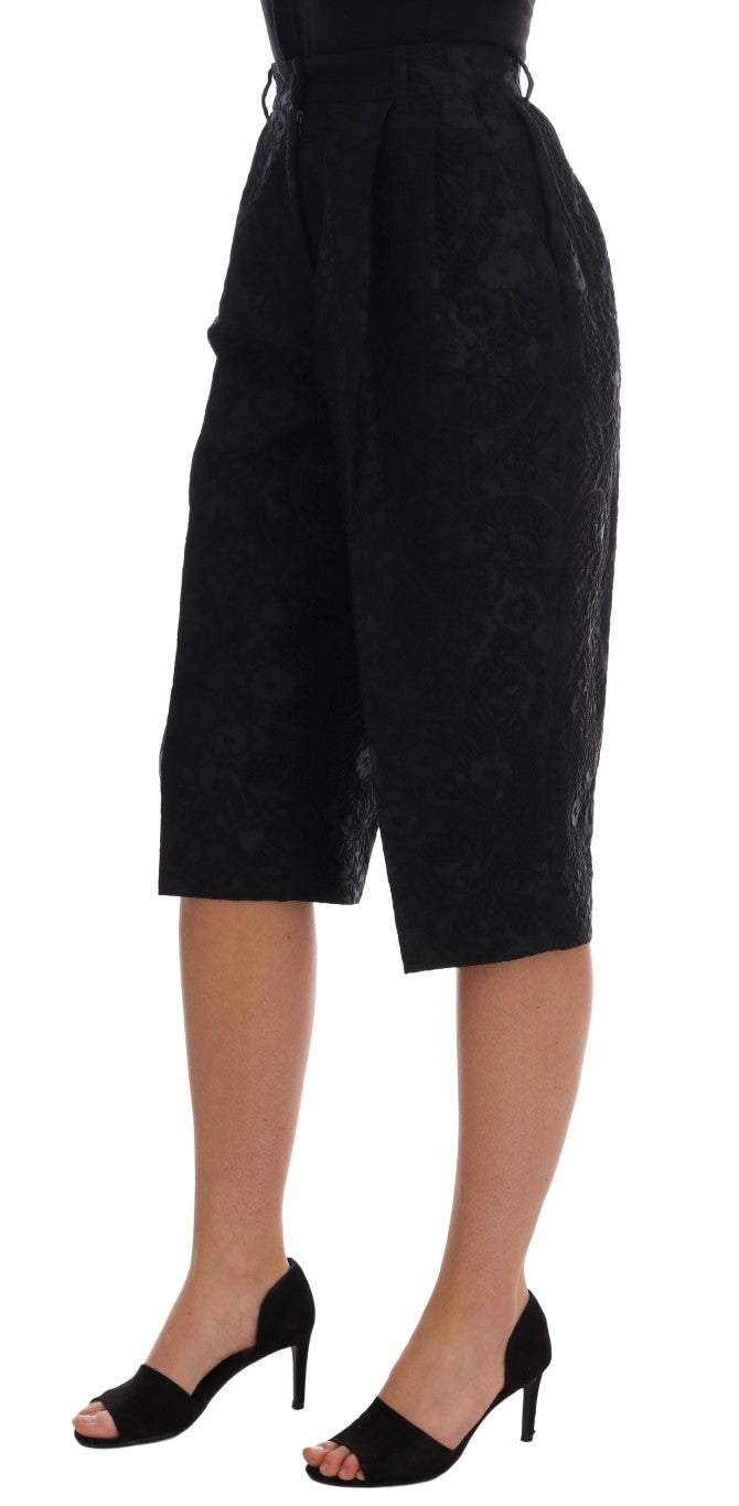 Schwarze Capri-Shorts aus Brokat mit hoher Taille