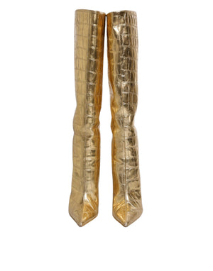 Gold Leder Stiletto Heels Hohe Stiefel Schuhe