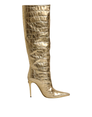Gold Leder Stiletto Heels Hohe Stiefel Schuhe