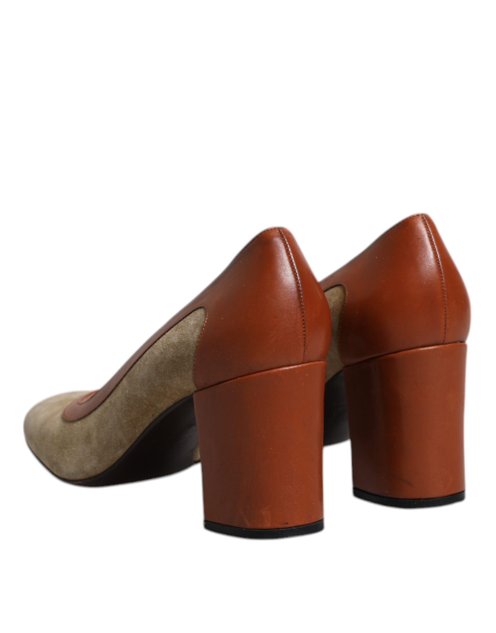 Beigebraune Leder Pumps mit Blockabsatz