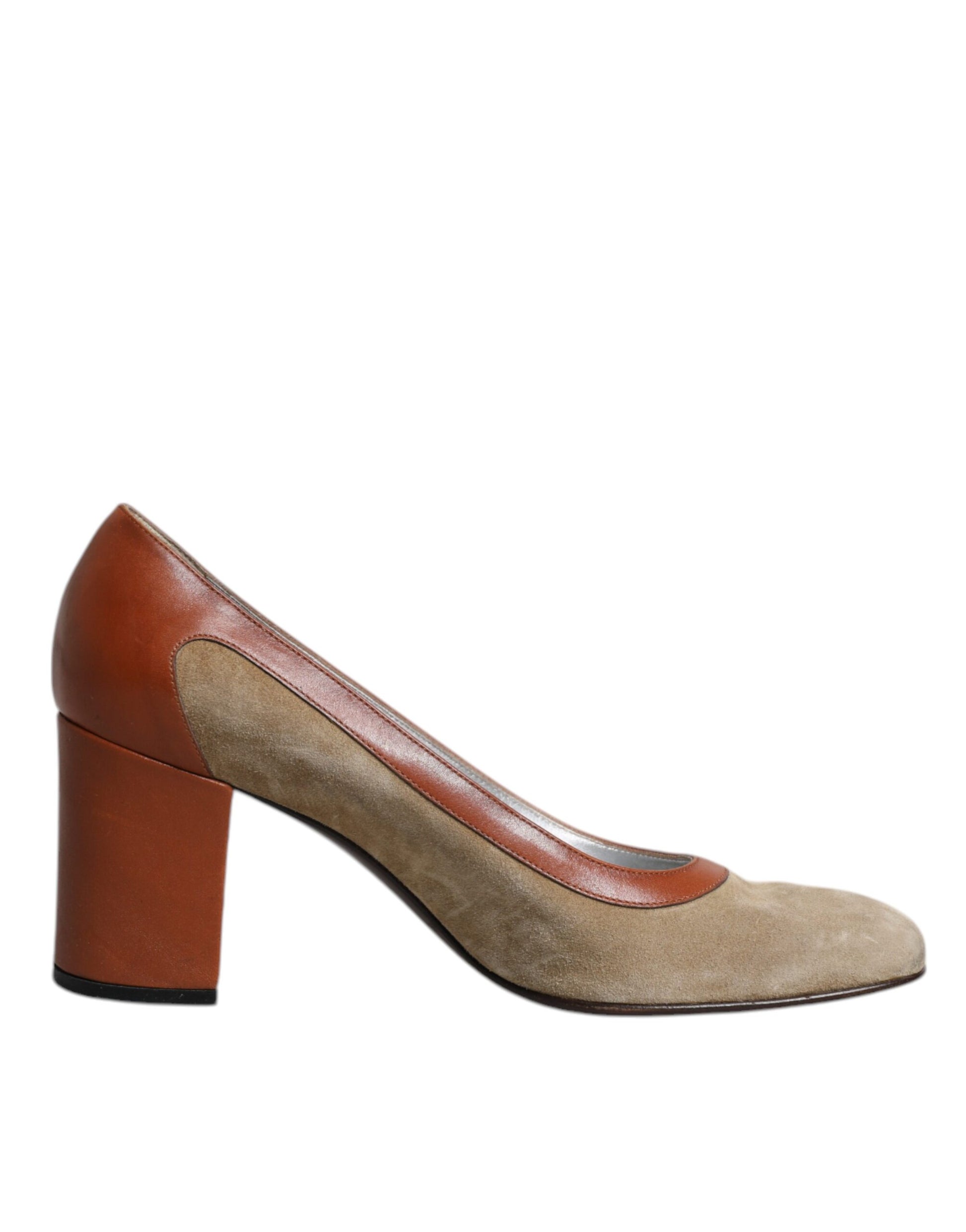 Beigebraune Leder Pumps mit Blockabsatz