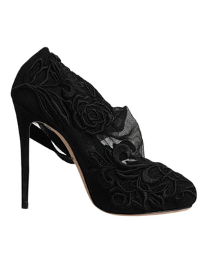 Schwarze Tüll-Stretch-Heels, wadenlange Stiefel