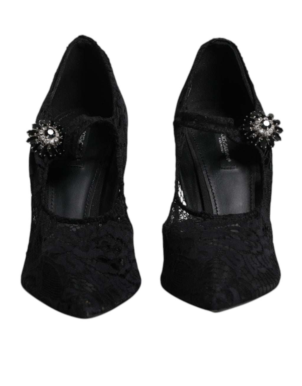 Schwarze Mary Jane Pumps mit Spitze und Kristallen