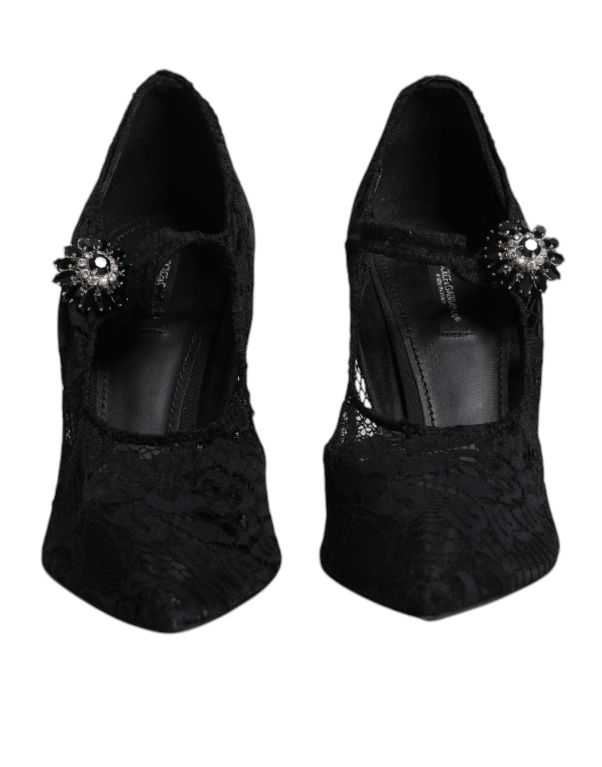 Schwarze Mary Jane Pumps mit Spitze und Kristallen