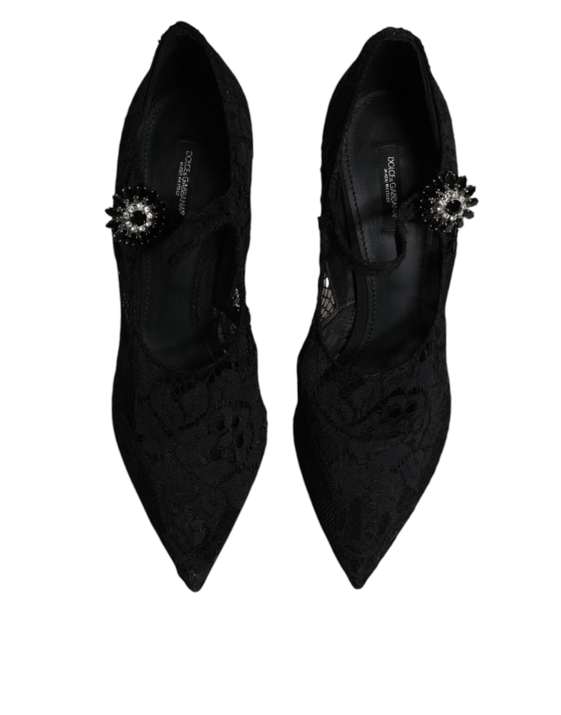 Schwarze Mary Jane Pumps mit Spitze und Kristallen