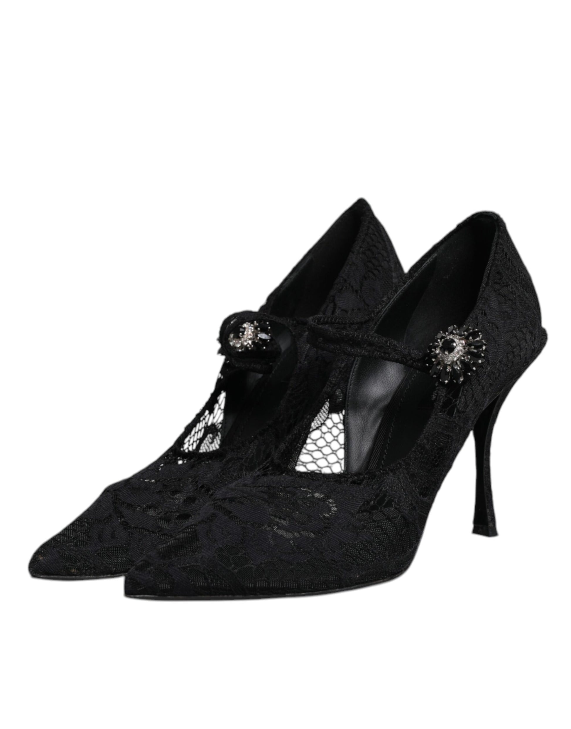 Schwarze Mary Jane Pumps mit Spitze und Kristallen