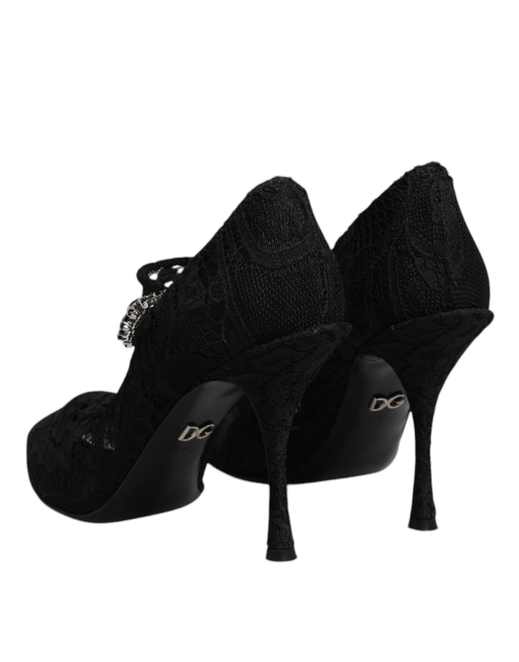 Schwarze Mary Jane Pumps mit Spitze und Kristallen