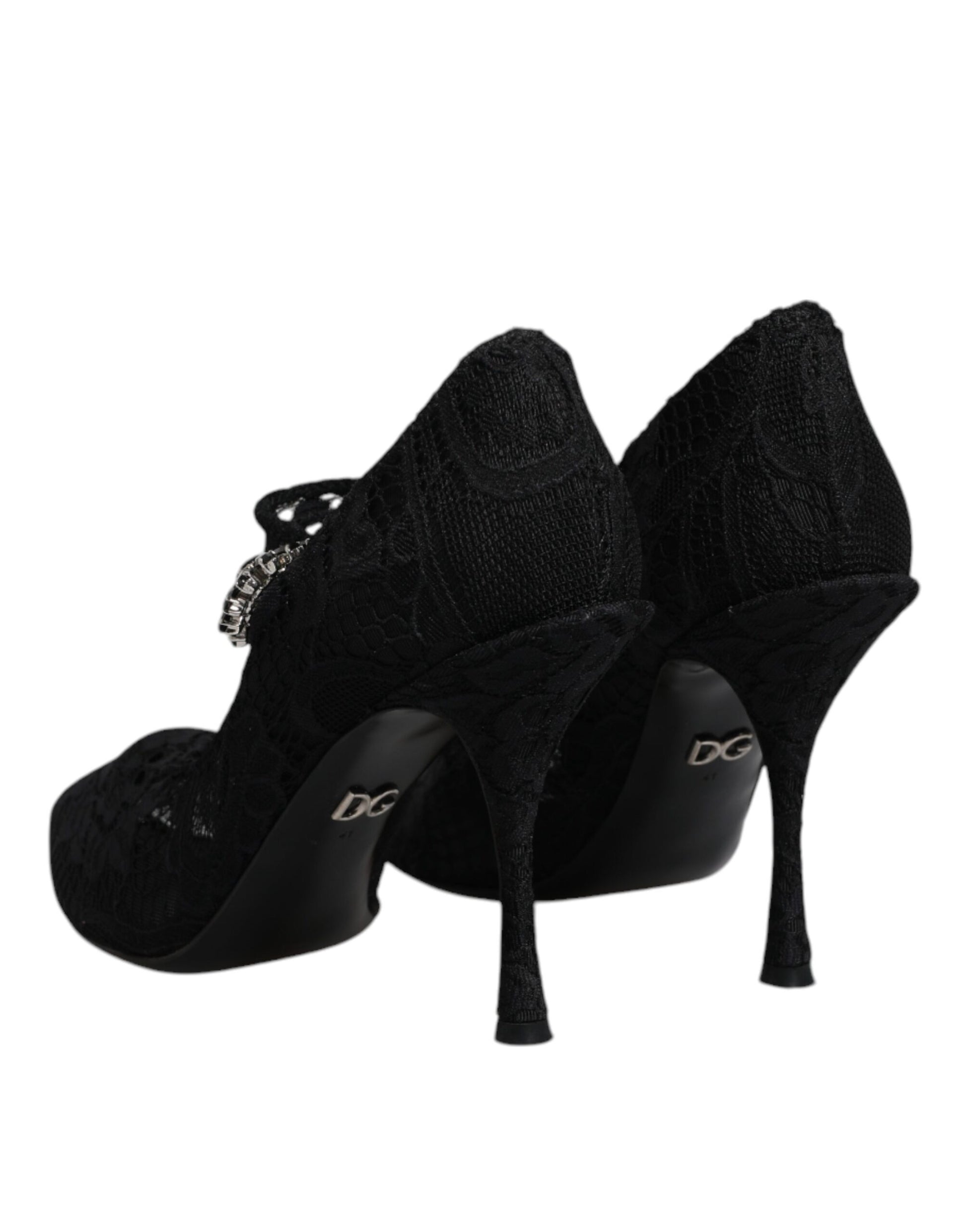 Schwarze Mary Jane Pumps mit Spitze und Kristallen