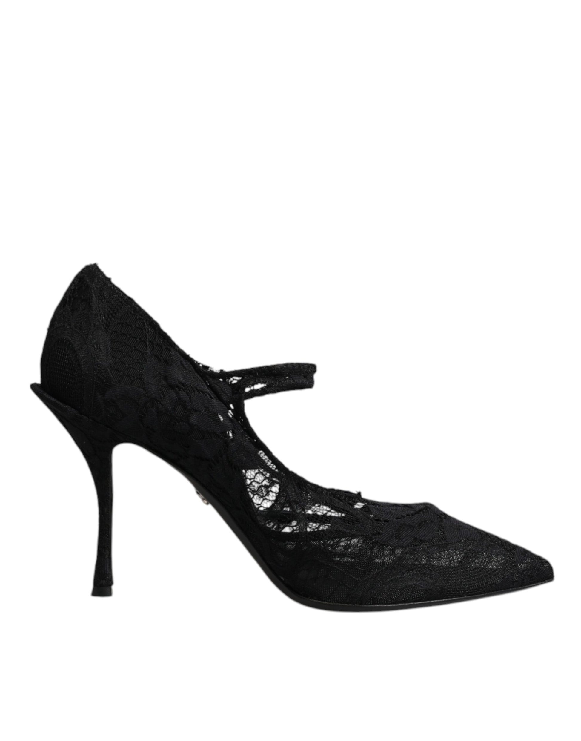 Schwarze Mary Jane Pumps mit Spitze und Kristallen