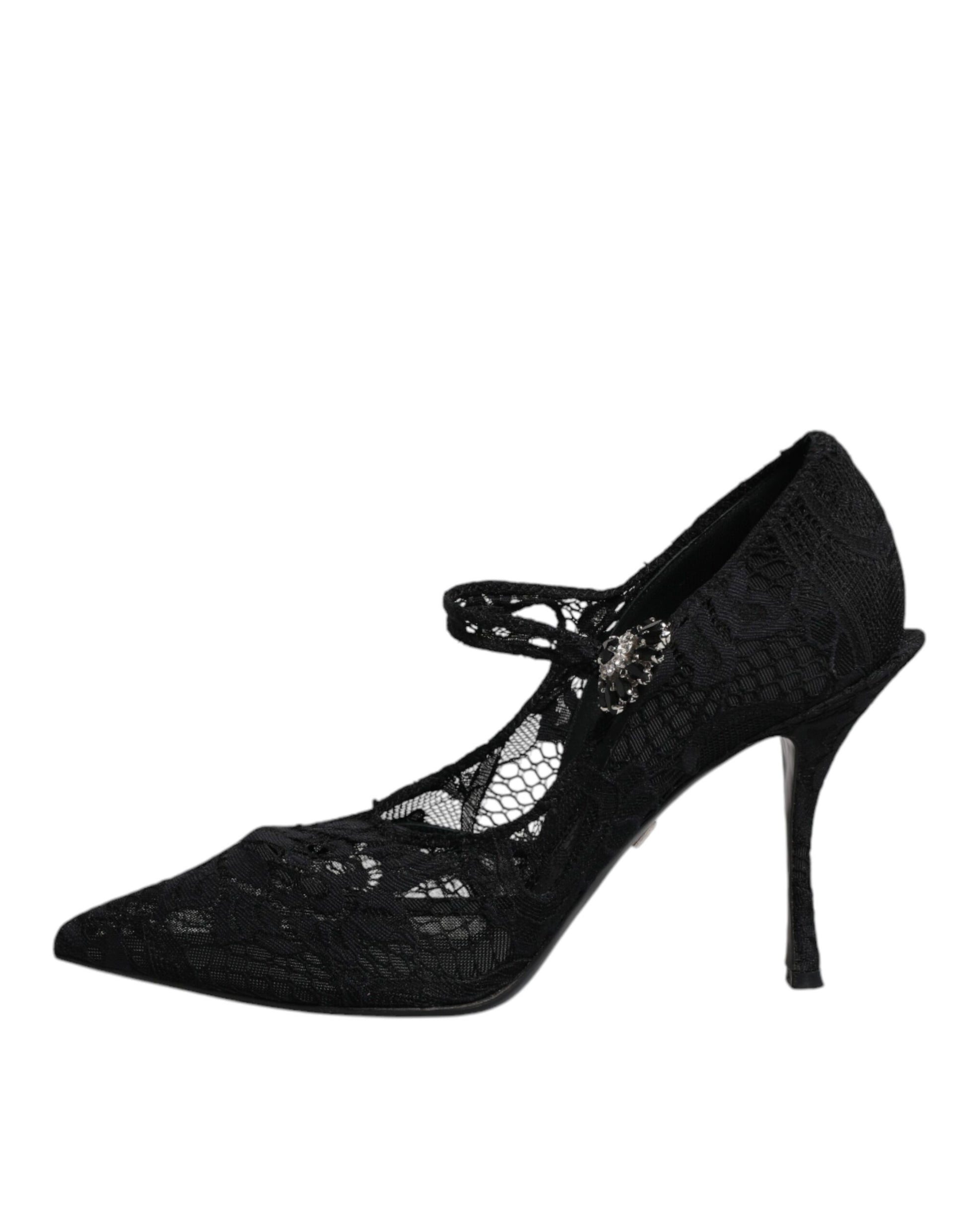 Schwarze Mary Jane Pumps mit Spitze und Kristallen