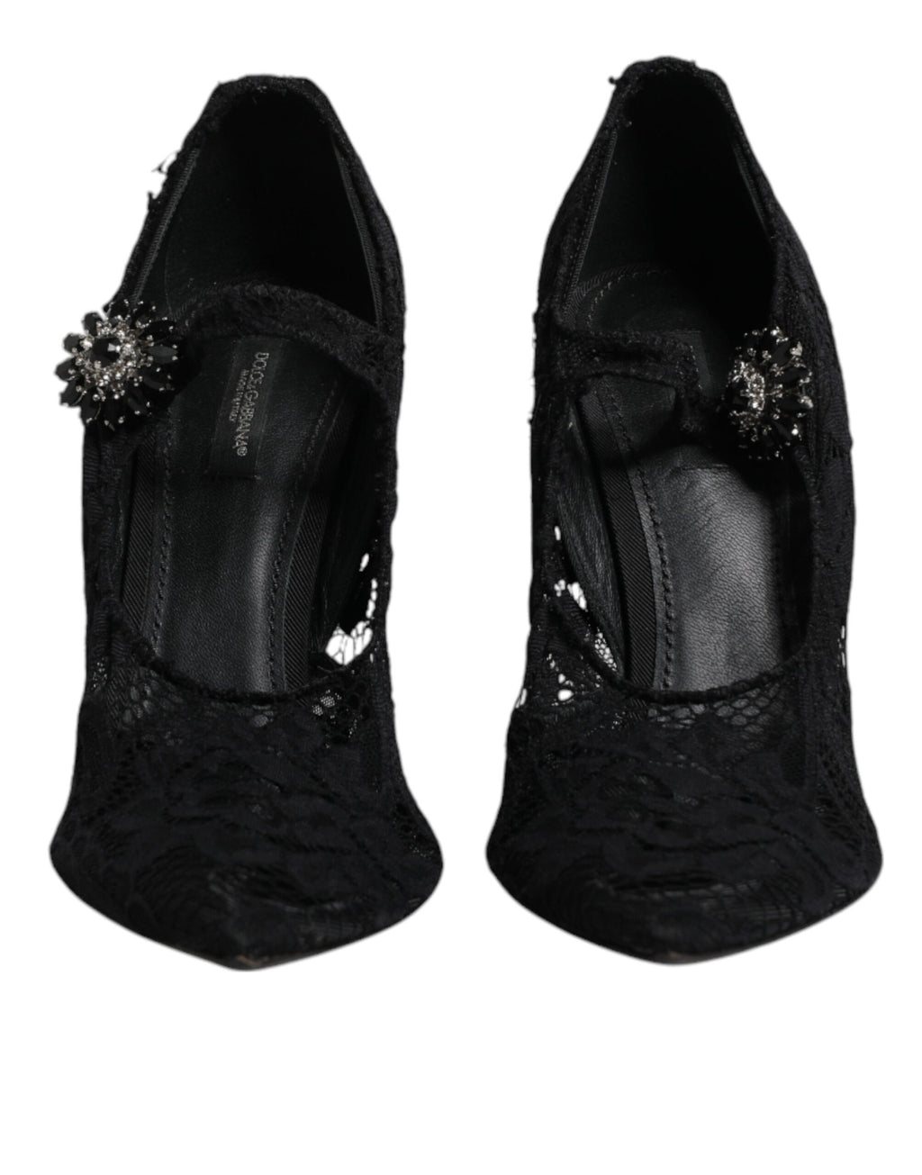 Schwarze Mary Jane Pumps mit Spitze und Kristallen