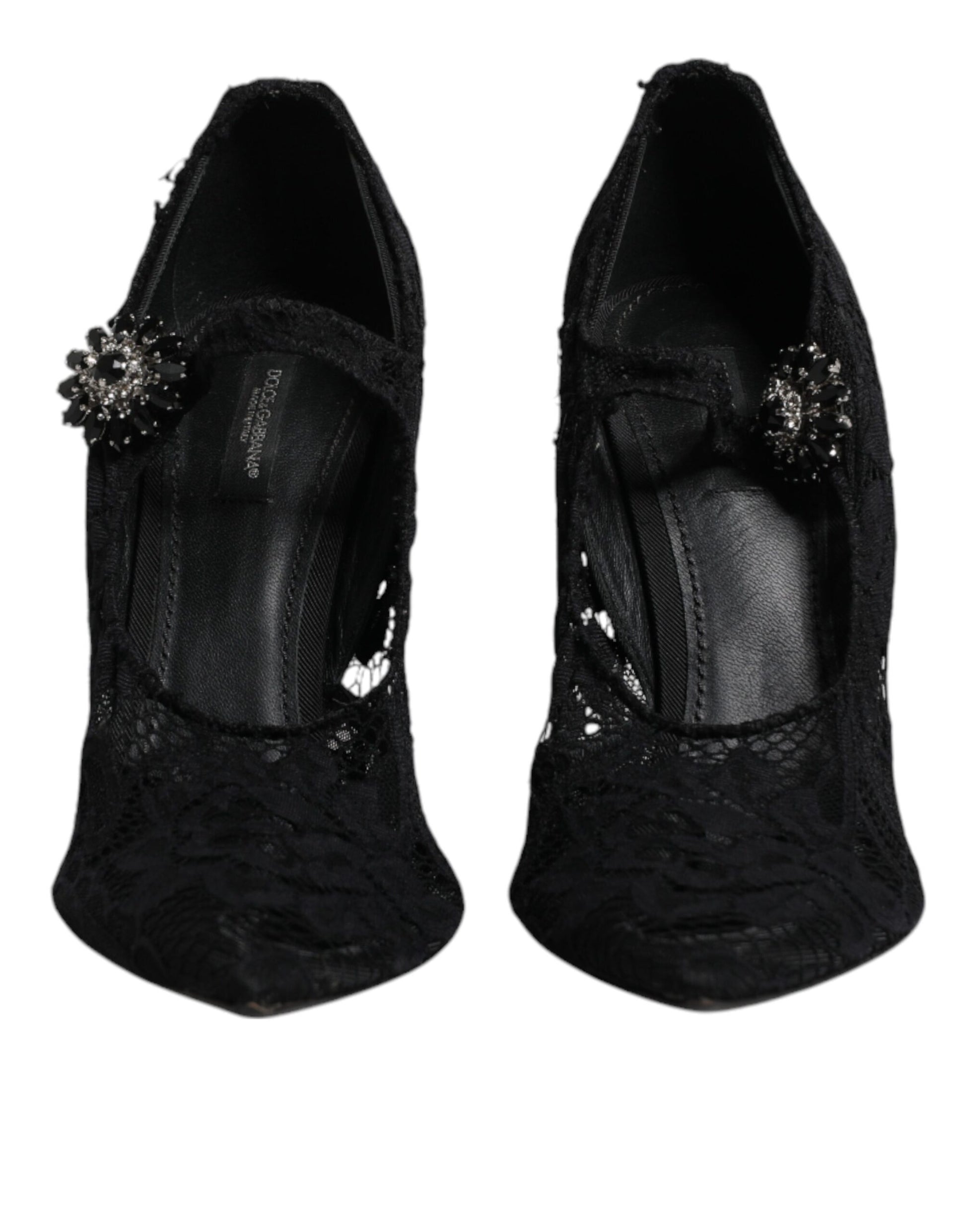 Schwarze Mary Jane Pumps mit Spitze und Kristallen