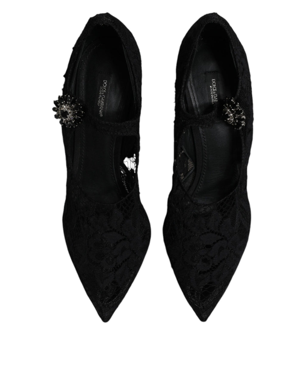 Schwarze Mary Jane Pumps mit Spitze und Kristallen