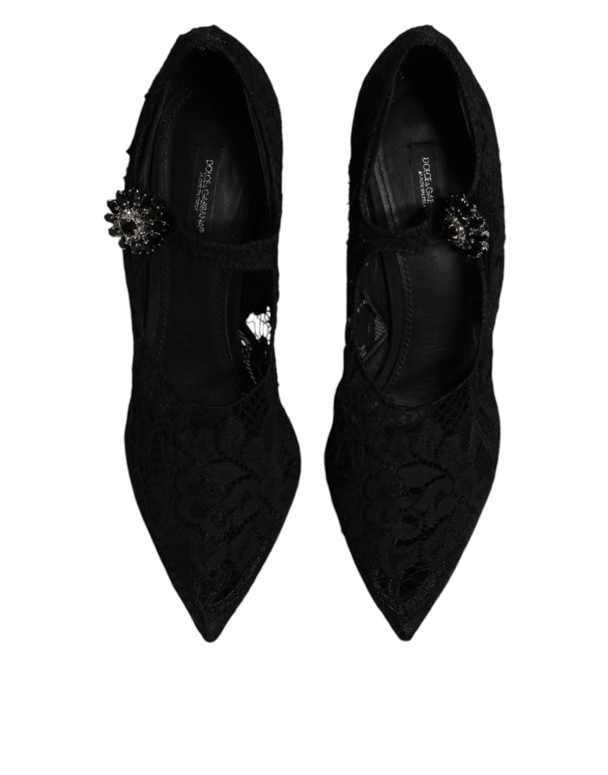 Schwarze Mary Jane Pumps mit Spitze und Kristallen