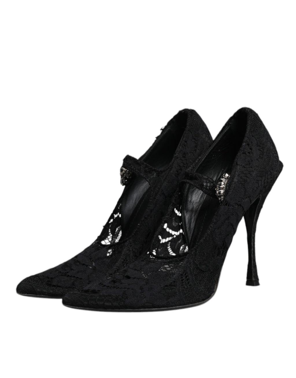 Schwarze Mary Jane Pumps mit Spitze und Kristallen