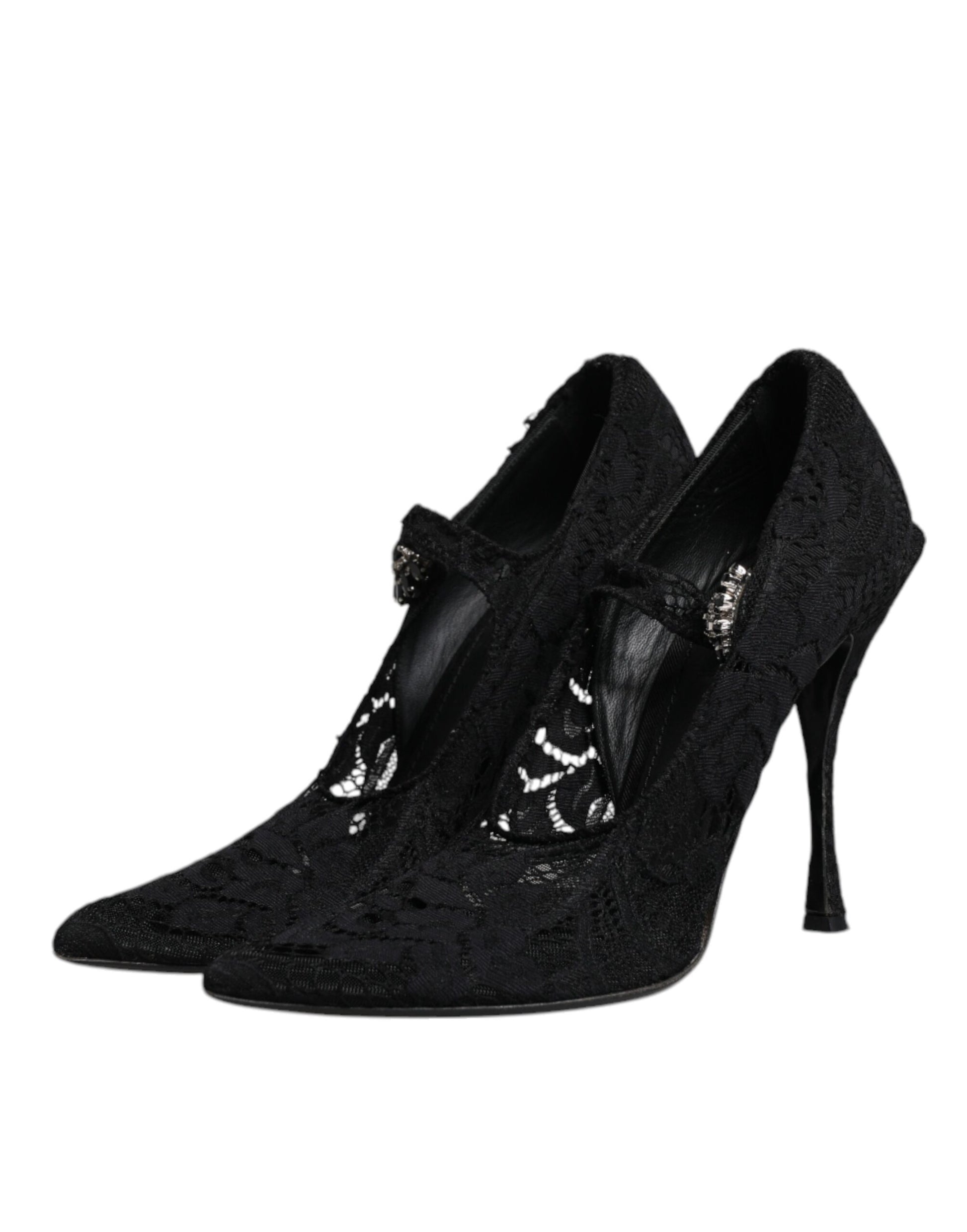 Schwarze Mary Jane Pumps mit Spitze und Kristallen