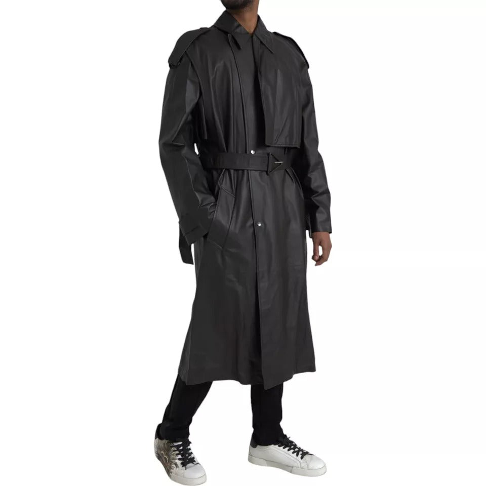 Schwarze wasserdichte Trenchcoatjacke aus Leder für Herren
