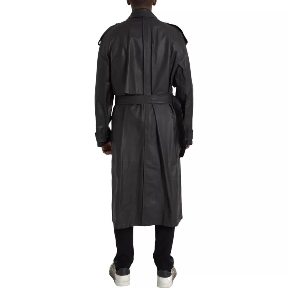 Schwarze wasserdichte Trenchcoatjacke aus Leder für Herren