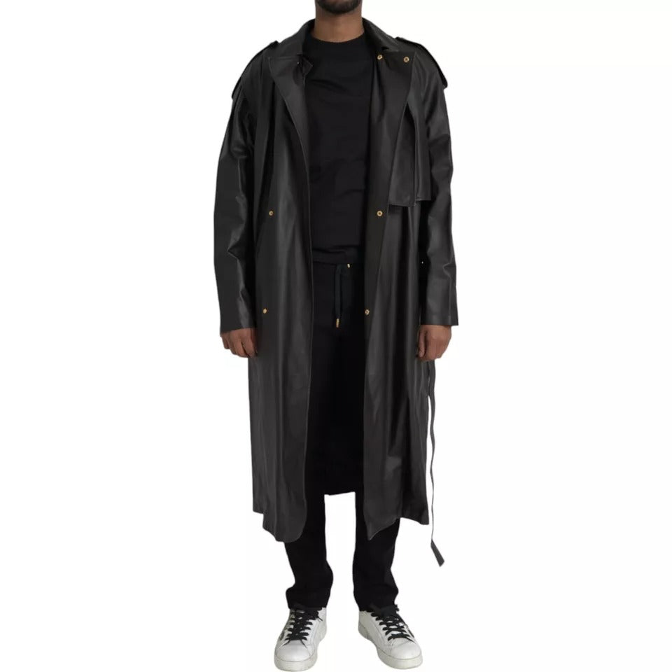Schwarze wasserdichte Trenchcoatjacke aus Leder für Herren