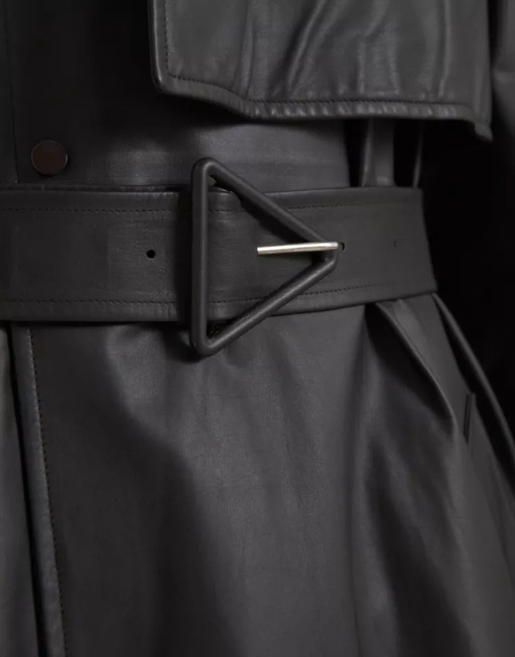 Schwarze wasserdichte Trenchcoatjacke aus Leder für Herren