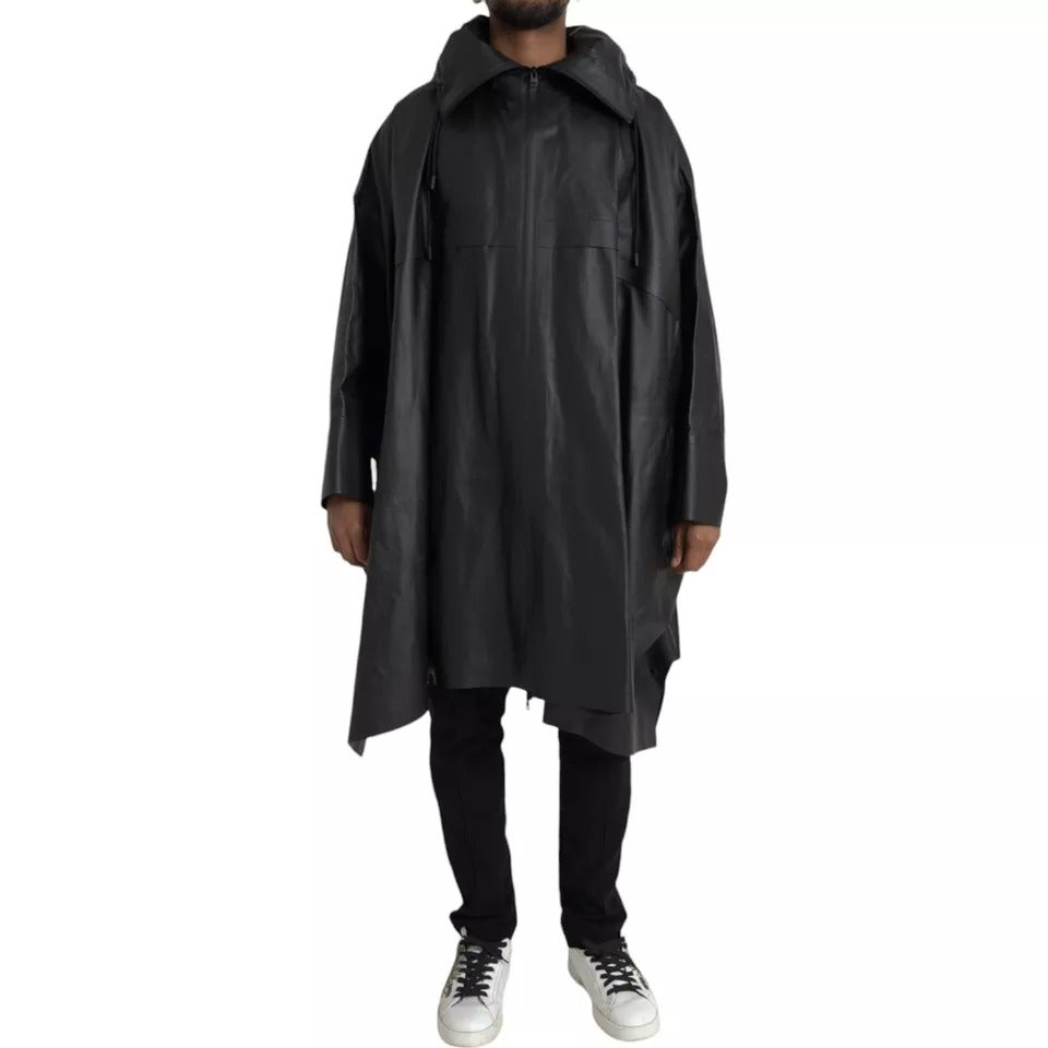 Schwarze Herren-Trenchcoatjacke aus Leder mit Kapuze
