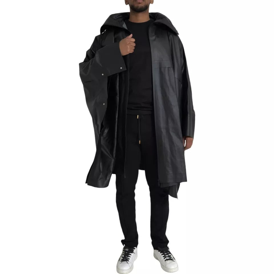 Schwarze Herren-Trenchcoatjacke aus Leder mit Kapuze