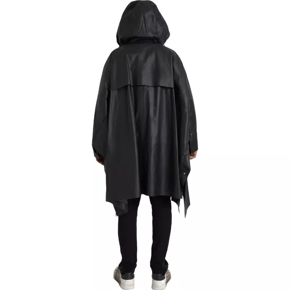Schwarze Herren-Trenchcoatjacke aus Leder mit Kapuze