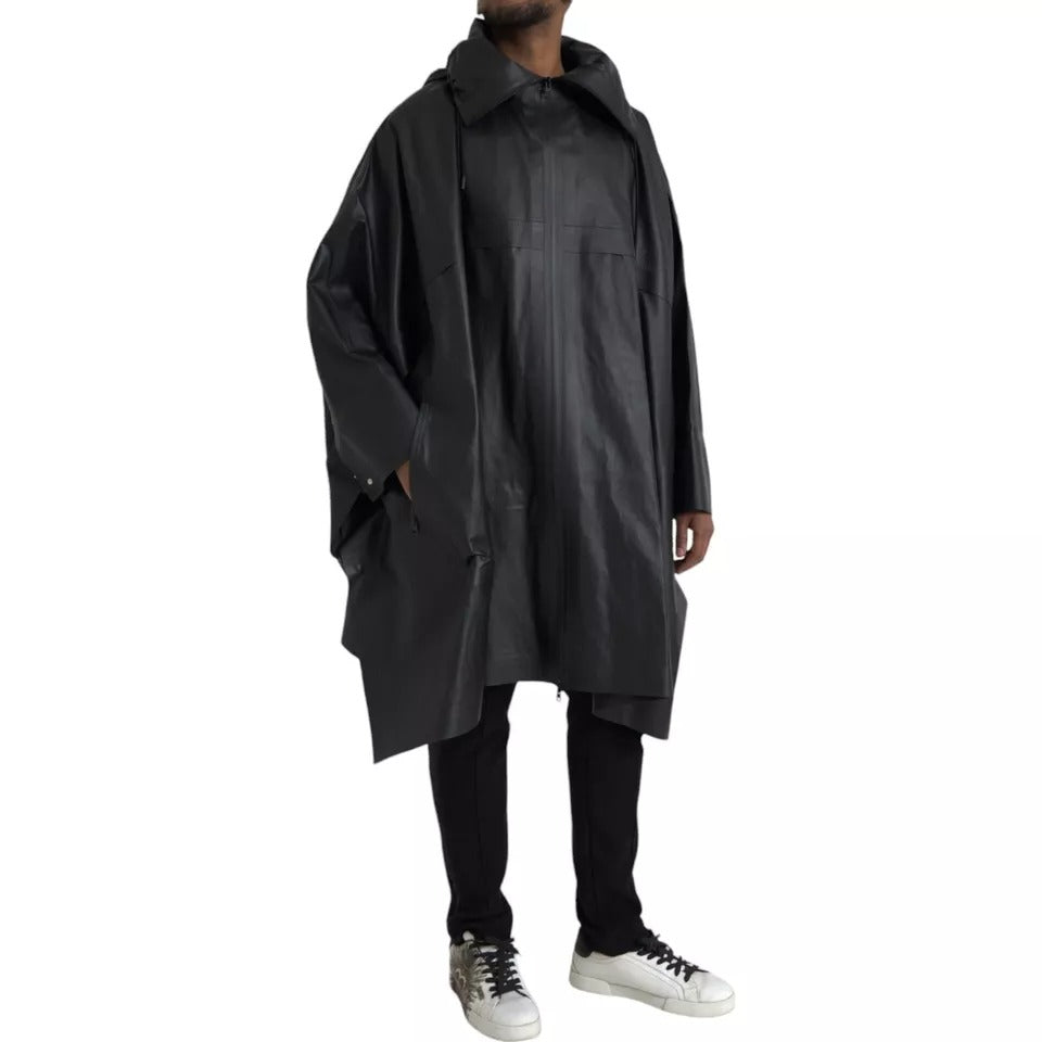 Schwarze Herren-Trenchcoatjacke aus Leder mit Kapuze