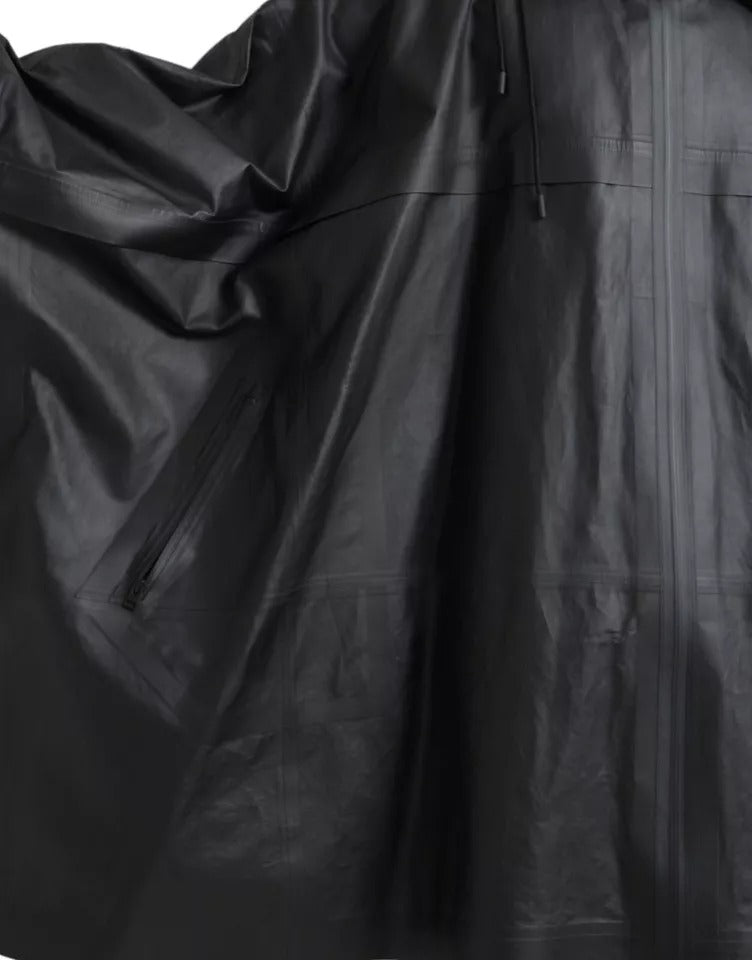 Schwarze Herren-Trenchcoatjacke aus Leder mit Kapuze