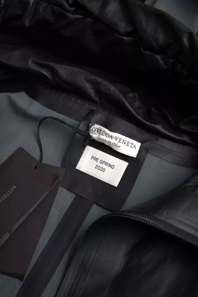 Schwarze Herren-Trenchcoatjacke aus Leder mit Kapuze