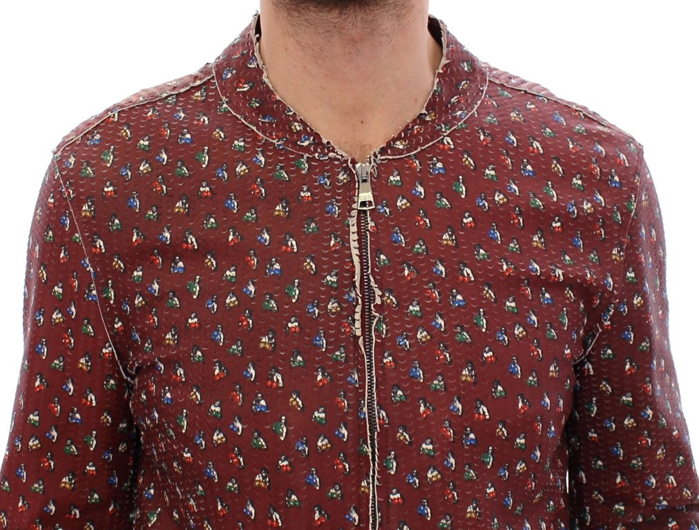 Bordeauxroter Lederjackenmantel mit Boxer-Print