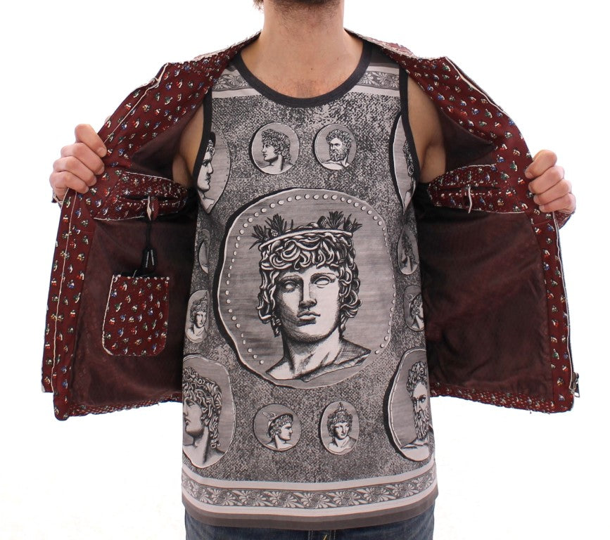 Bordeauxroter Lederjackenmantel mit Boxer-Print