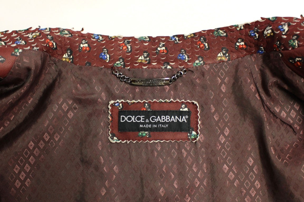 Bordeauxroter Lederjackenmantel mit Boxer-Print