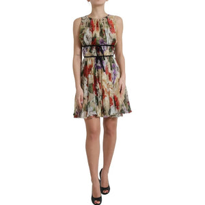 Beiges ärmelloses Minikleid in A-Linie mit Blumenmuster