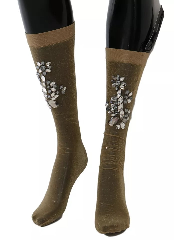 Goldfarbene Stretch-Socken mit Blumenmuster und durchsichtigem Kristall