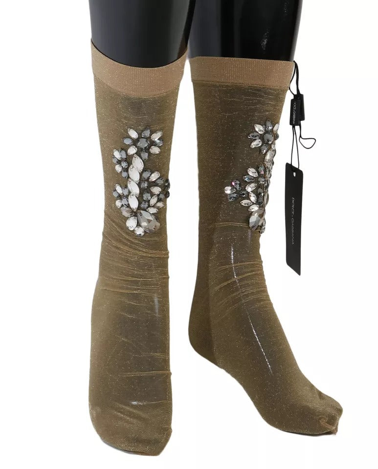 Goldfarbene Stretch-Socken mit Blumenmuster und durchsichtigem Kristall