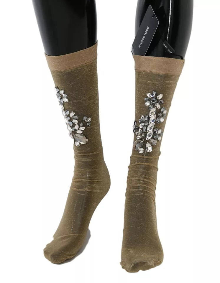 Goldfarbene Stretch-Socken mit Blumenmuster und durchsichtigem Kristall