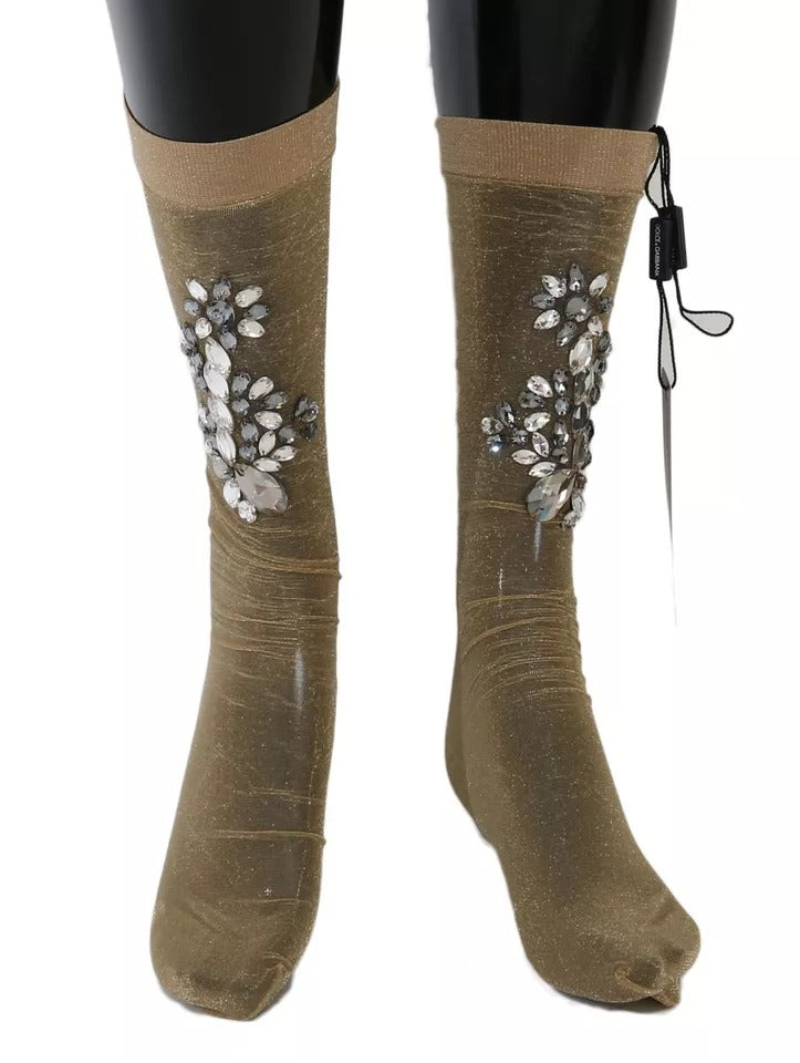 Goldfarbene Stretch-Socken mit Blumenmuster und durchsichtigem Kristall