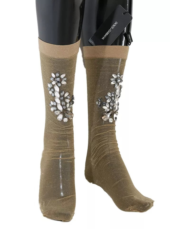 Goldfarbene Stretch-Socken mit Blumenmuster und durchsichtigem Kristall
