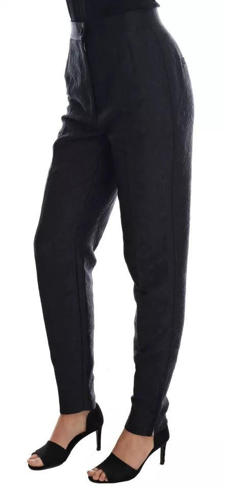 Schwarze Brokathose mit Blumenmuster und hoher Taille