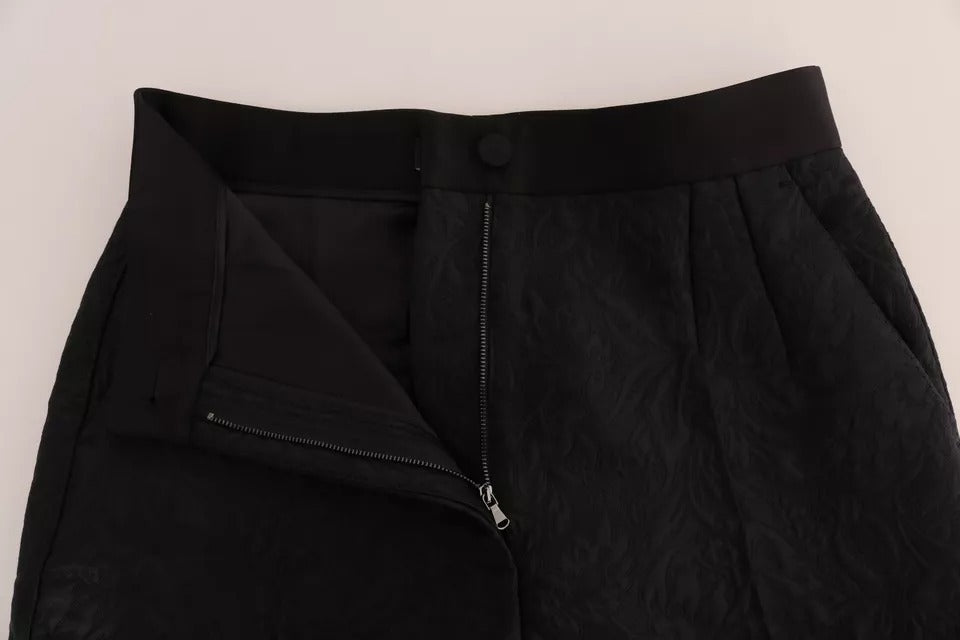 Schwarze Brokathose mit Blumenmuster und hoher Taille