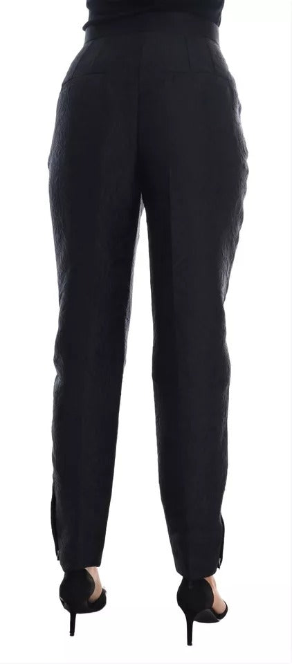 Schwarze Brokathose mit Blumenmuster und hoher Taille